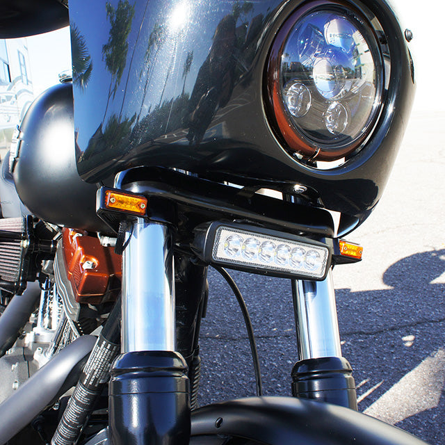 Fork Mount Rectangle LED Turn Signal Black, 39mm fork tube, 41mm fork tube, 49mm fork tube, fork tube turn signal, harley-davidson turn signals, led turn signals, rectangle turn signals, billet aluminum, turn signals, made in usa 