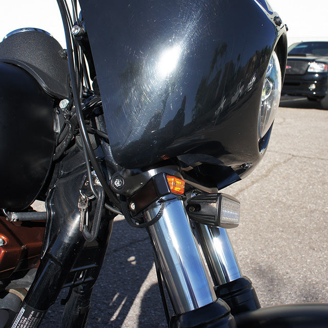 Fork Mount Rectangle LED Turn Signal Black, 39mm fork tube, 41mm fork tube, 49mm fork tube, fork tube turn signal, harley-davidson turn signals, led turn signals, rectangle turn signals, billet aluminum, turn signals, made in usa 